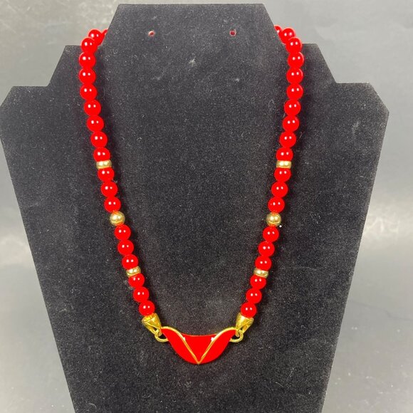 Napier Enamel Pendant Necklace Signed Red Gold Tone Bead Business Classic VTG - Picture 10 of 10